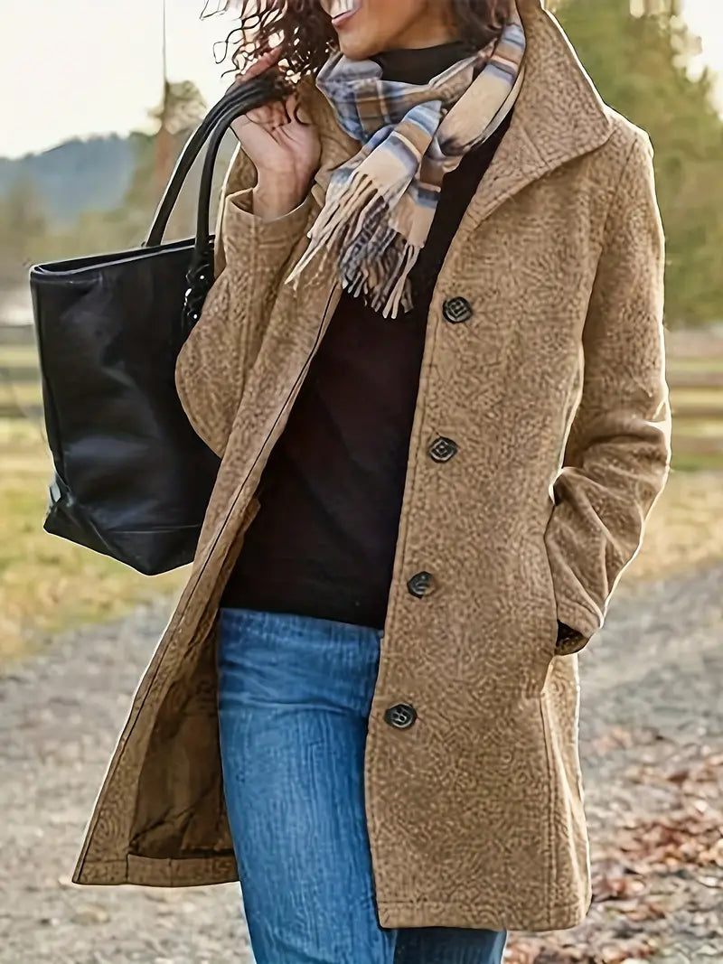 Women's tailored button-up winter coat classic cut with refined front closure for cold weather elegance