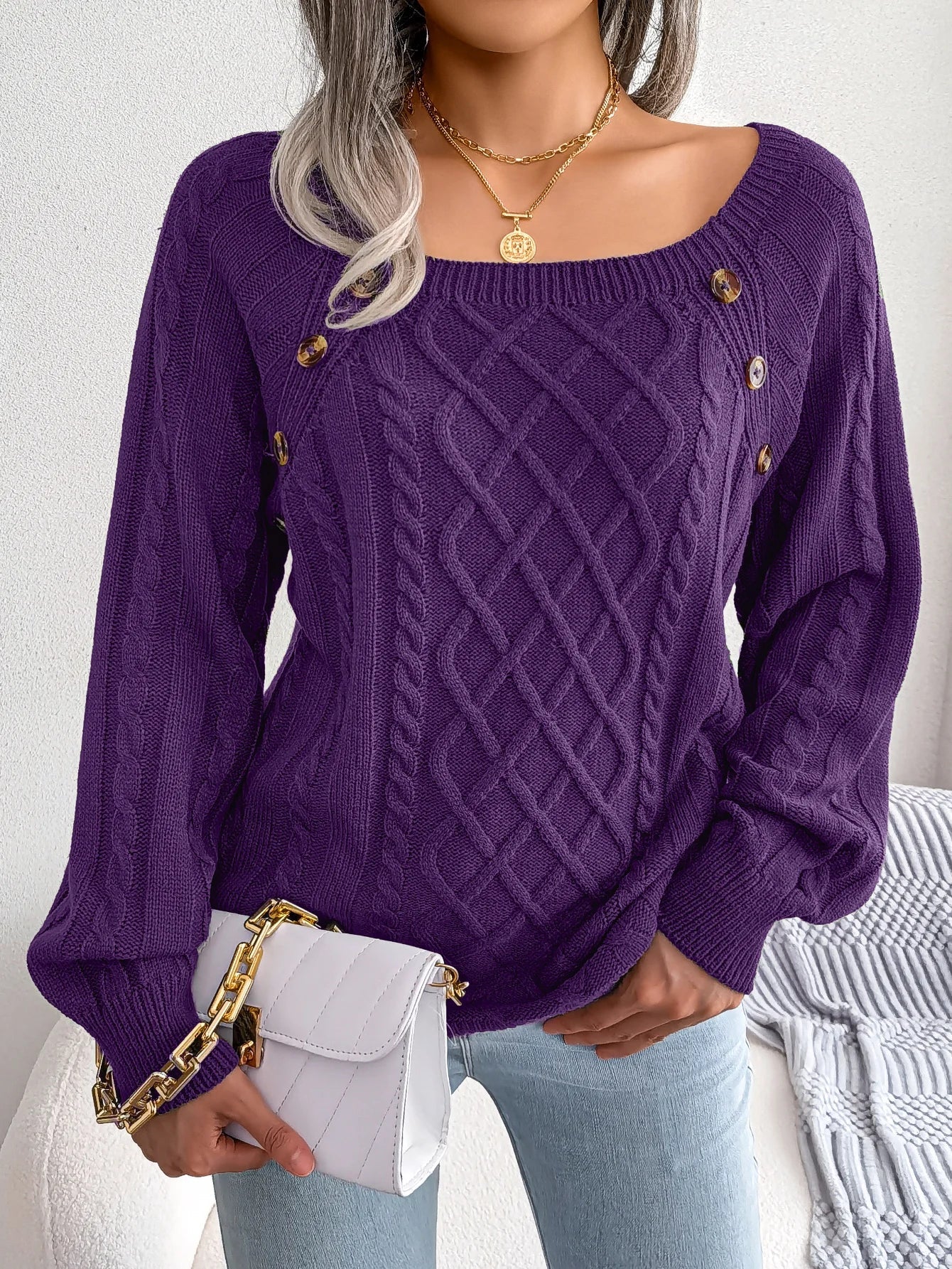 Women's cream diamond cable knit pullover sweater with button details, cozy breathable layering style