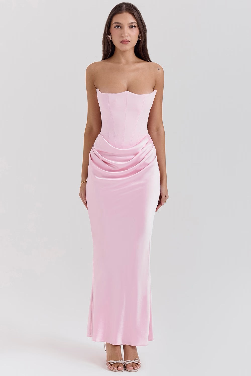 Black strapless corset maxi dress with figure-sculpting waist shaping for elegant evening wear