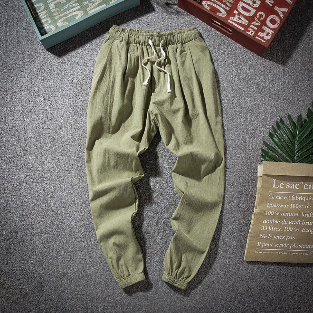 Men's beige linen joggers relaxed tailored fit lightweight breathable classic silhouette