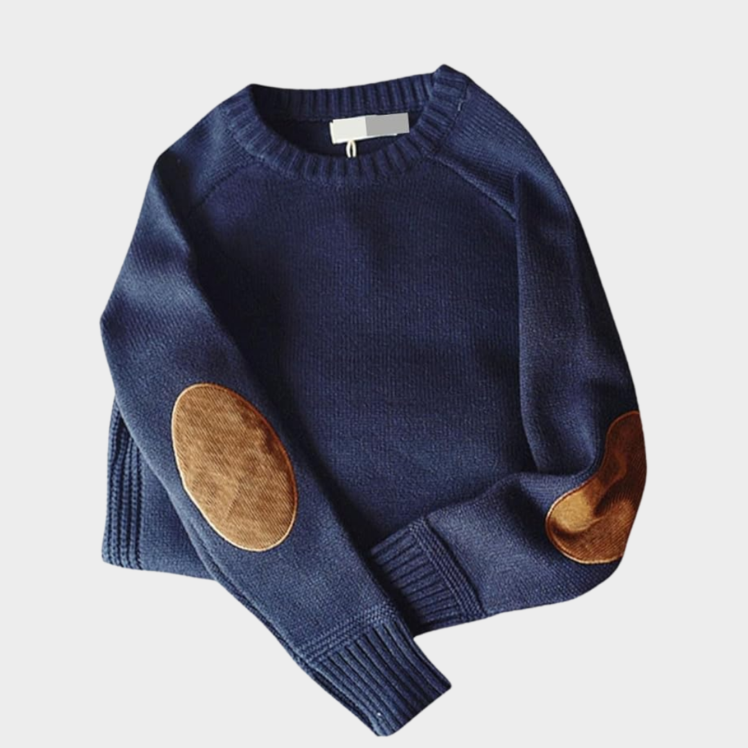 Beige cozy knit sweater smart casual fit with contrast elbow patch detail
