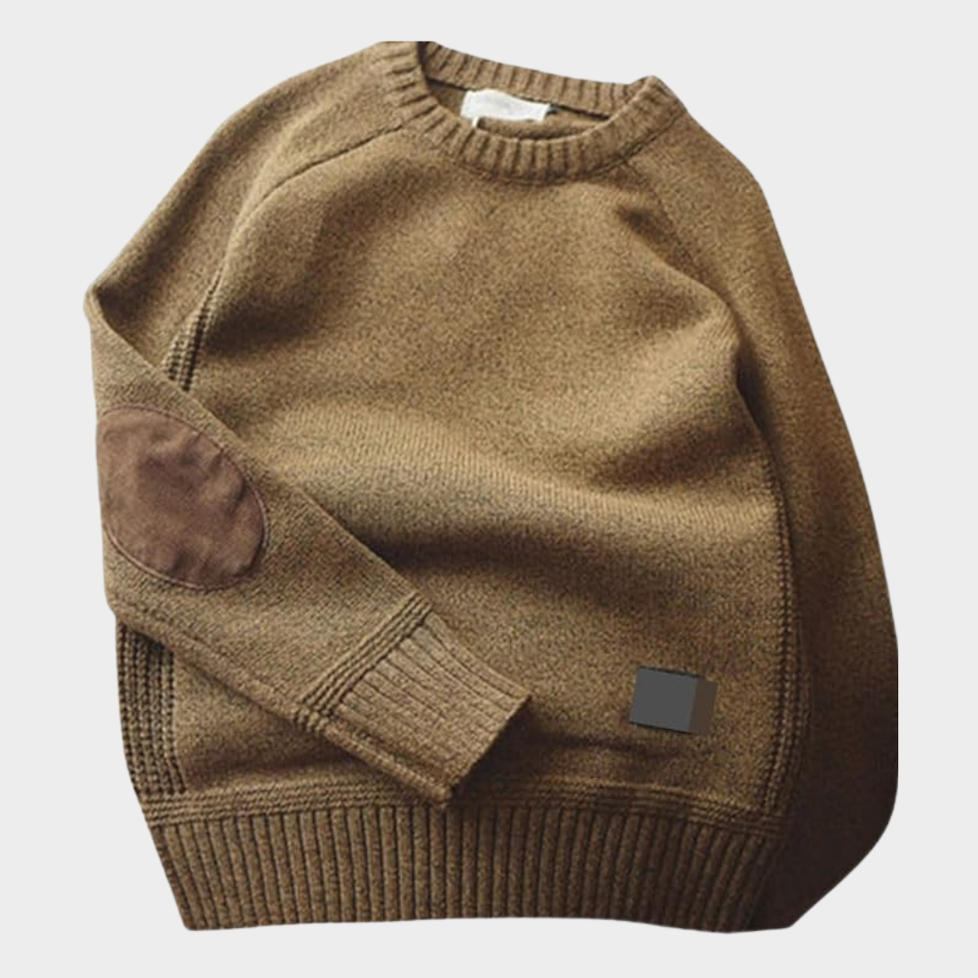 Heather gray cozy knit sweater with contrast elbow patches, smart casual relaxed fit