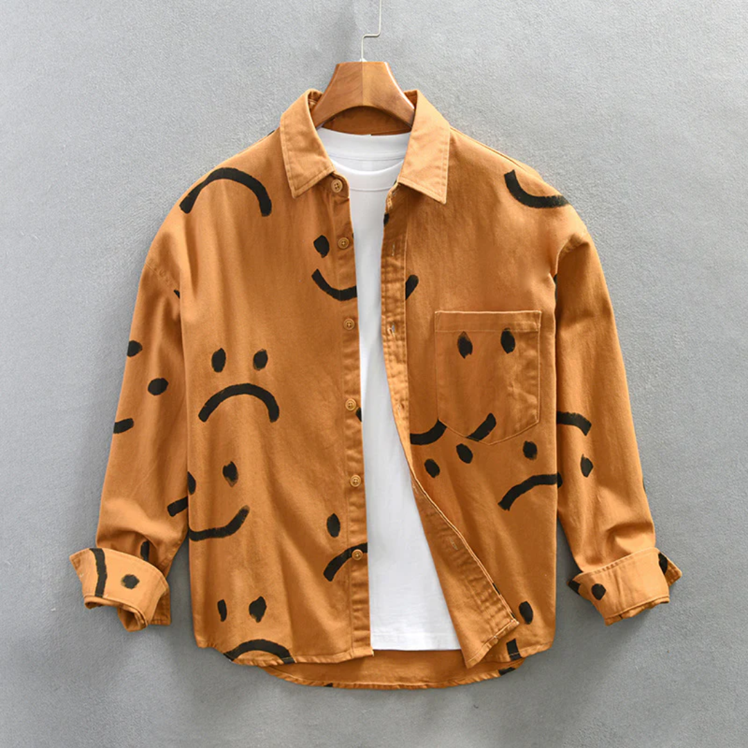 Soft cotton long sleeve shirt with minimalist abstract smiley print, relaxed casual fit for everyday wear