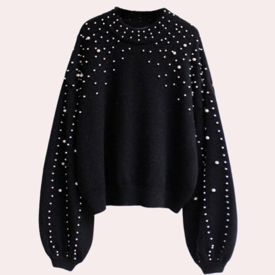 Women's beaded pearl round-neck sweater elegant knit soft comfortable versatile everyday style