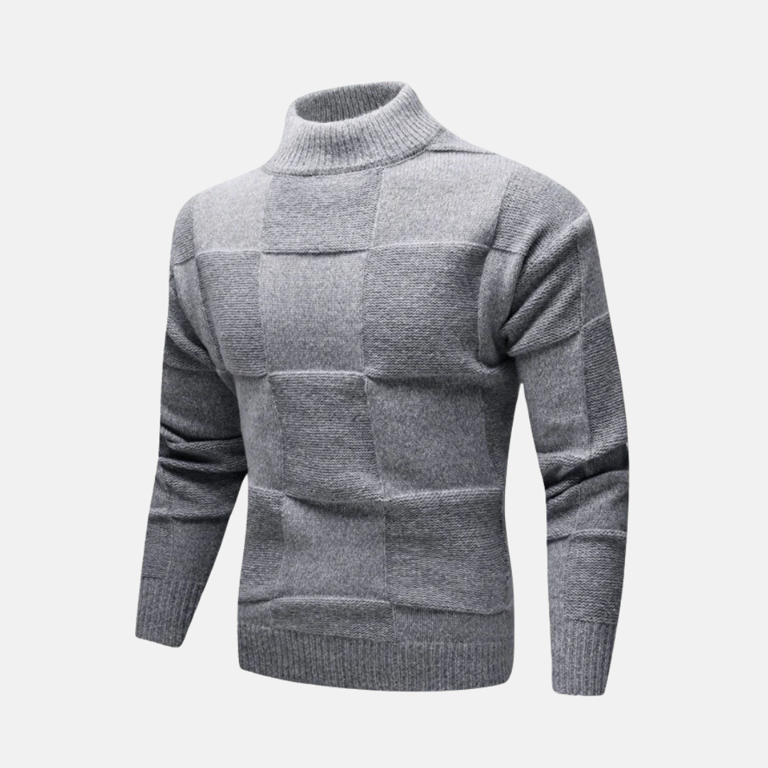 Men's slim fit mock neck sweater in checkerboard fine gauge knit, versatile fall essential