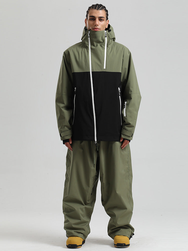 Men's color block mountain cargo snow suit, 20K waterproof hooded one-piece for all-season skiing