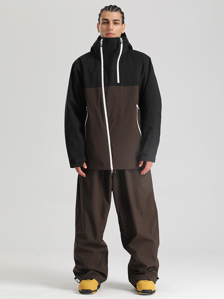 Men's color block mountain cargo snow suit, 20K waterproof hooded jacket with breathable ski pants