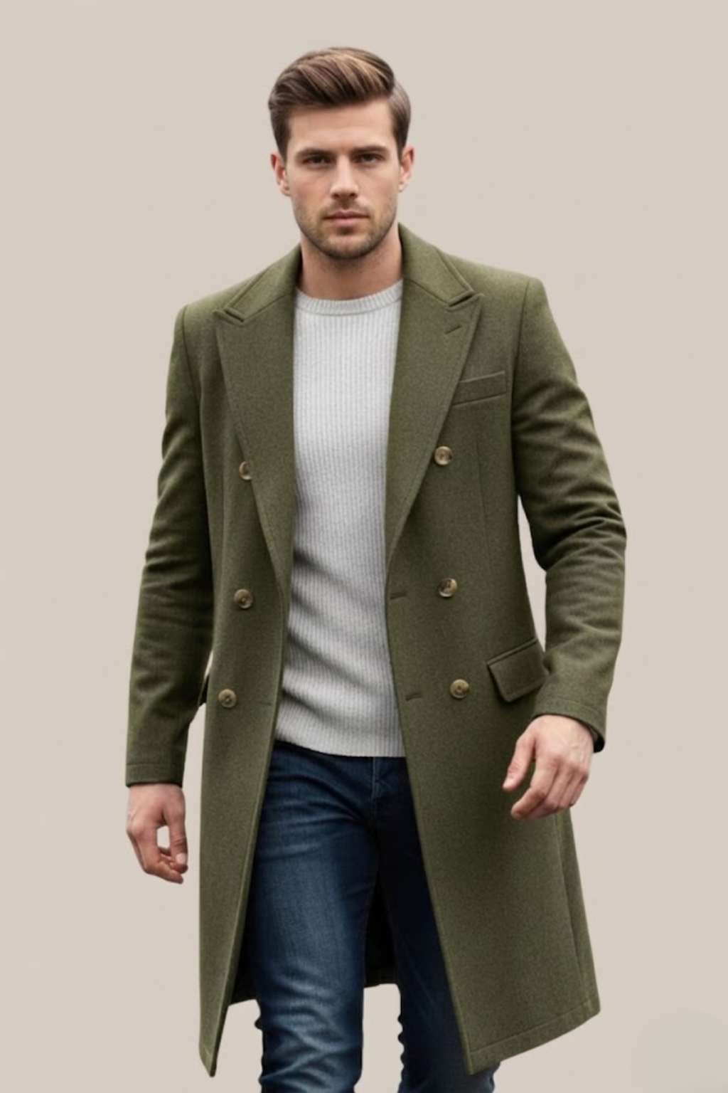 Men's dark double-breasted long coat structured lapels tailored silhouette formal professional wear