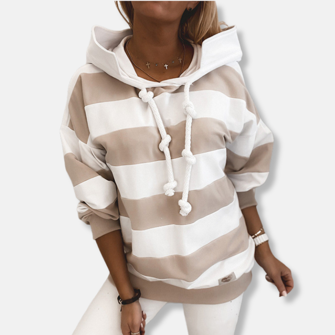 Women's striped loose fit hoodie sweatshirt with adjustable drawstring hood for relaxed casual comfort