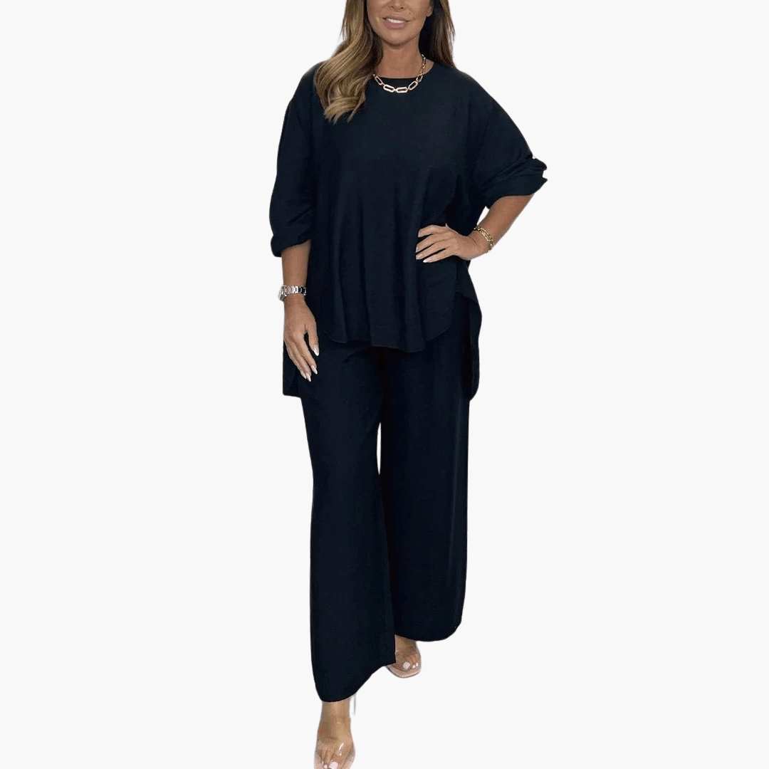 Women's beige loungewear set with wide leg pants and loose blouse, round neckline casual style