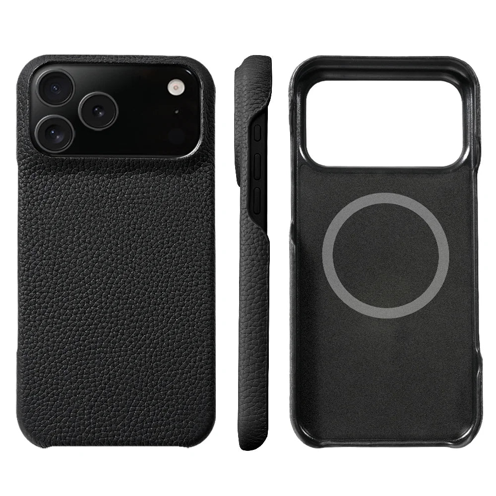 Executive leather iPhone 17 case with textured grip, MagSafe compatible, raised camera guard protection