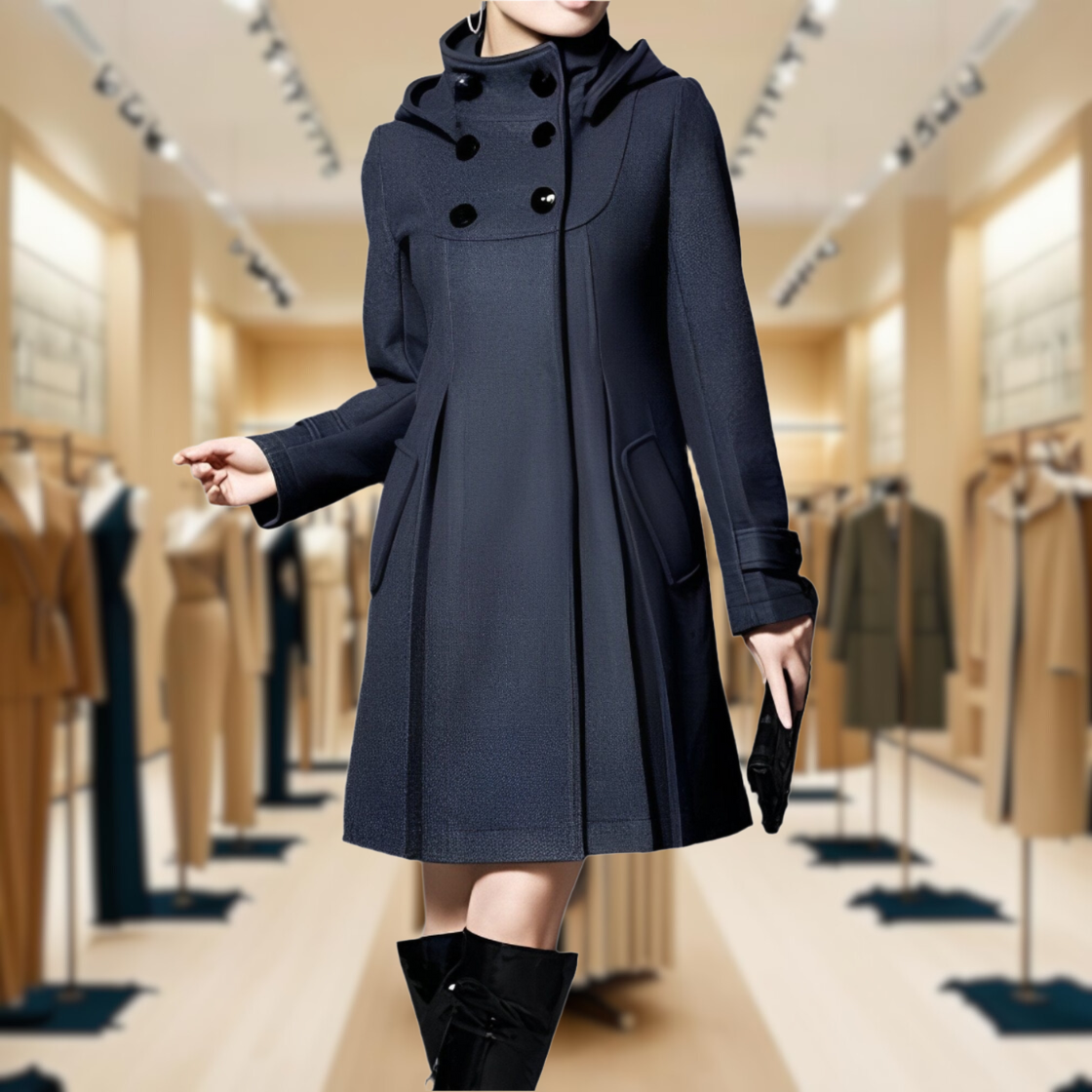 Women's beige A-line trench coat with high neck, double-breasted closure, and structured silhouette