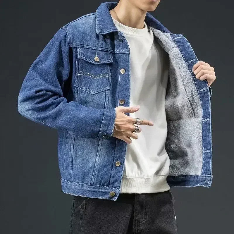 Classic fit blue denim jacket with warm plush sherpa wool lining for cold weather everyday wear