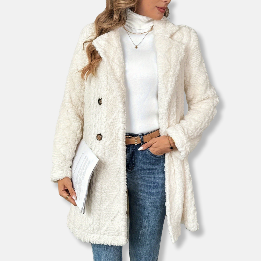 Women's knit double-breasted coat notched lapel mid-thigh relaxed silhouette elegant outerwear