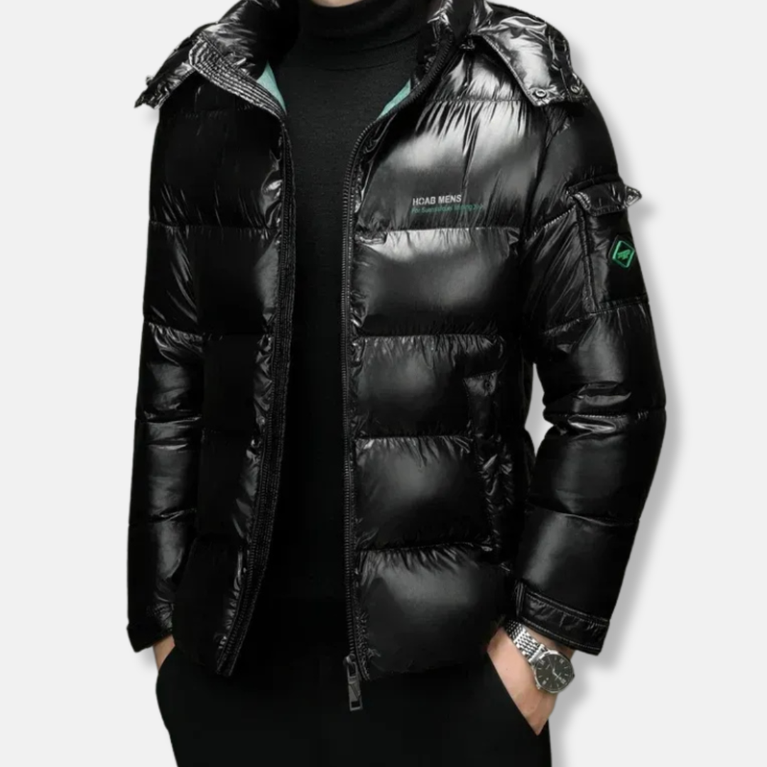Men's glossy quilted puffer jacket regular fit high collar water-repellent urban winter coat