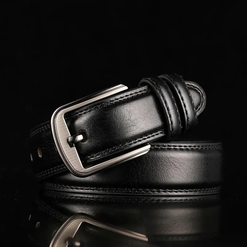 Men's full-grain leather belt in rich brown, hand-finished with precision milled buckle, ages beautifully