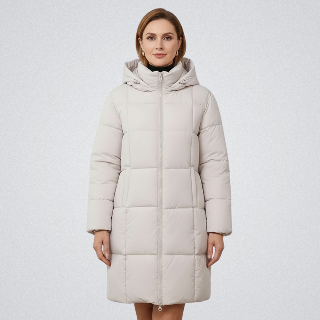 Women's black longline quilted puffer coat with attached hood, sleek non-bulky silhouette