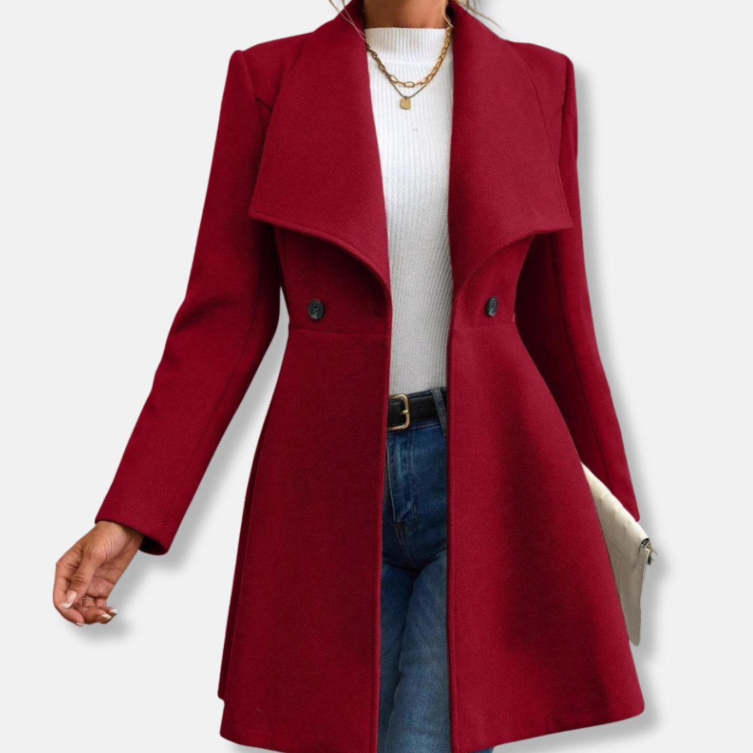 Women's tailored wool-feel jacket with lapel collar, button-up mid-thigh length for a polished look