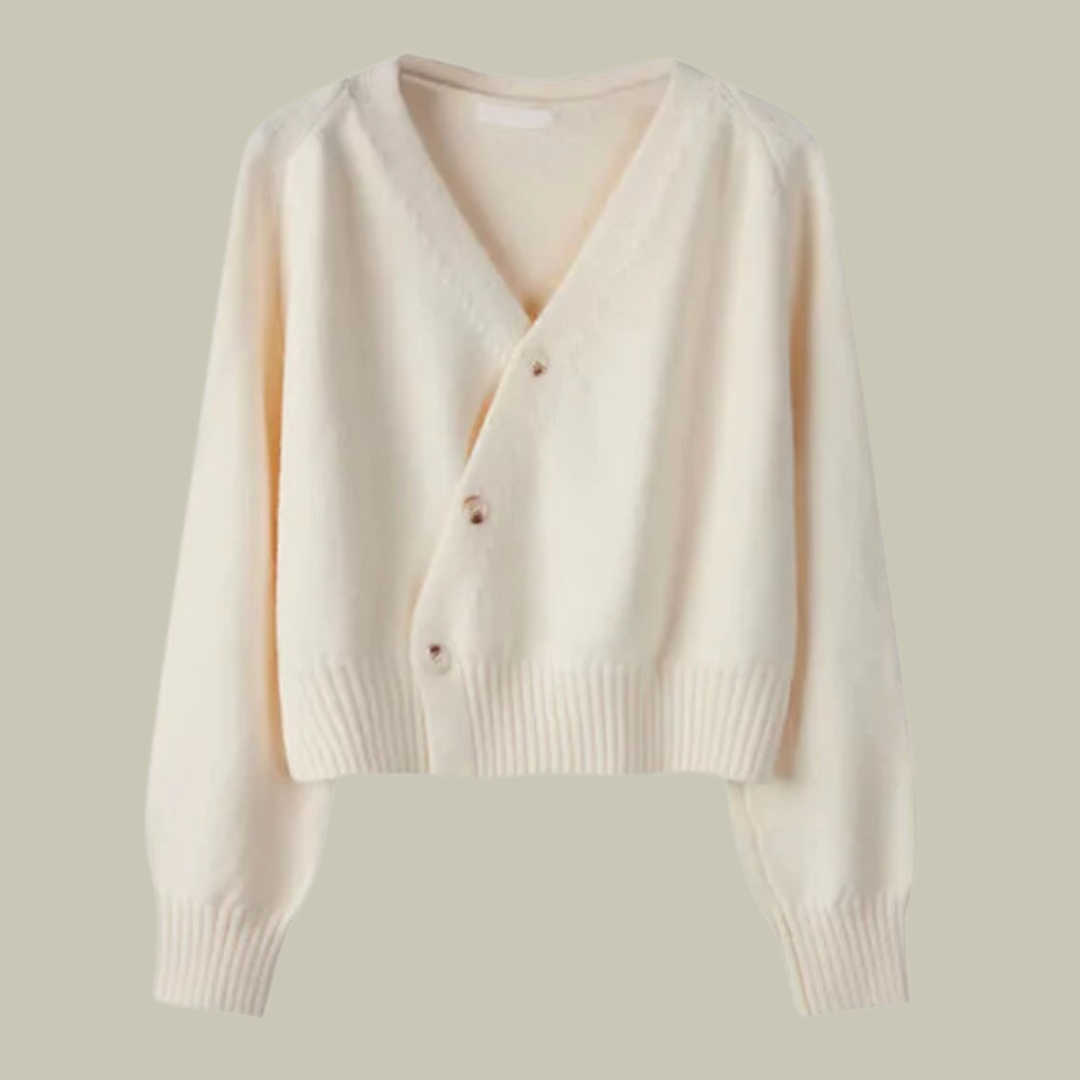 Women's Clara merino wool knit sweater, soft neutral tone, minimalist V-neck long sleeve cozy fit