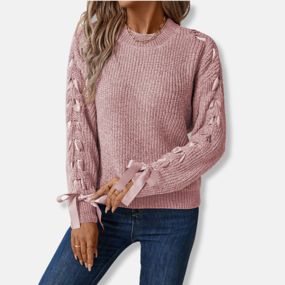 Women's relaxed fit crew neck pullover sweater soft knit with lace-up sleeve detailing