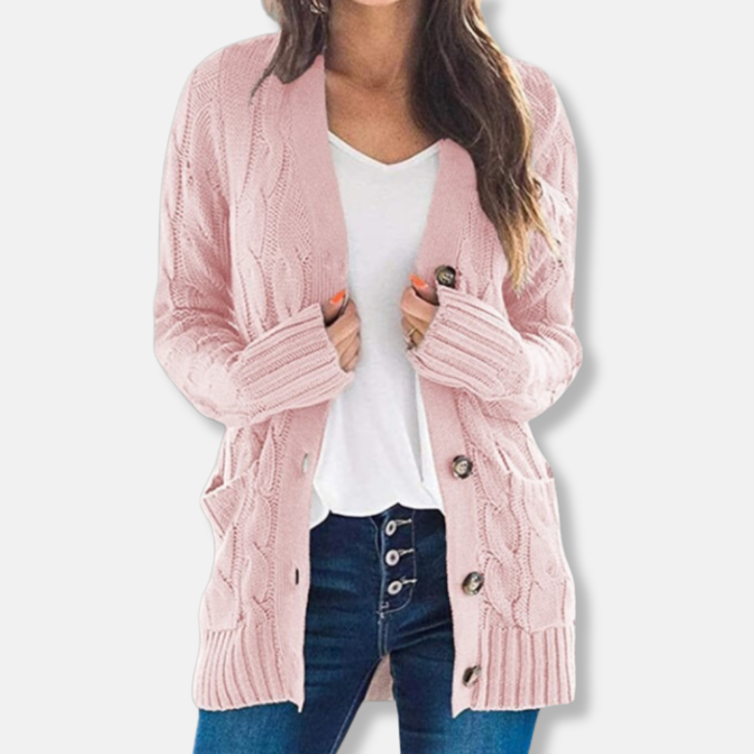 Women's chunky cable knit cardigan sweater in cozy relaxed fit with button front closure