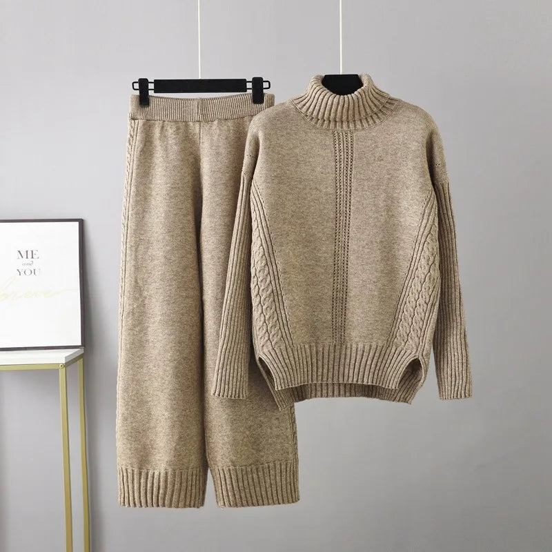 Vibrant cable knit co-ord set turtleneck sweater relaxed pants women two-piece knit outfit