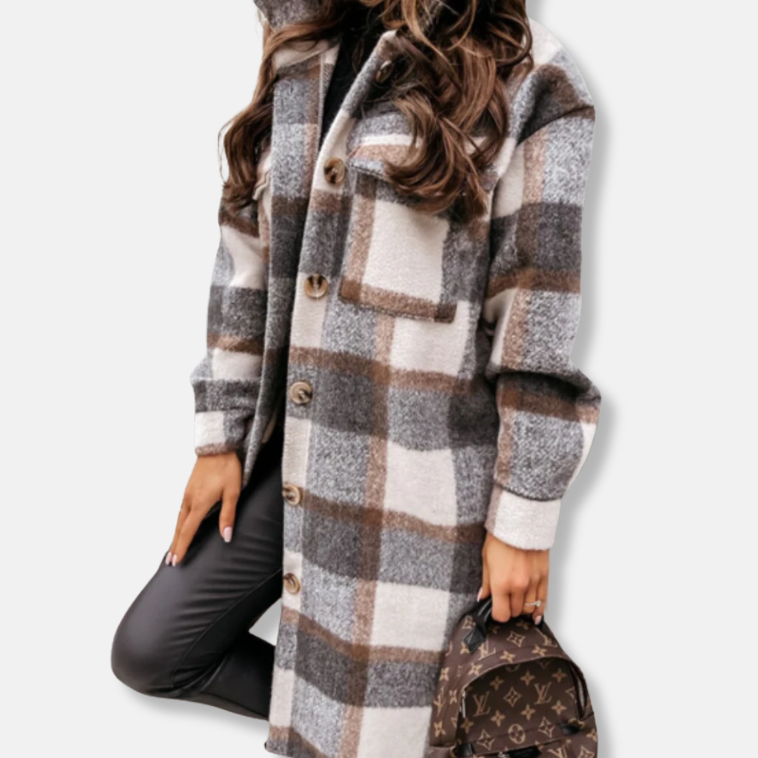 Women's plaid shirt coat oversized relaxed fit mid-thigh long sleeve thick woven fabric fall layer