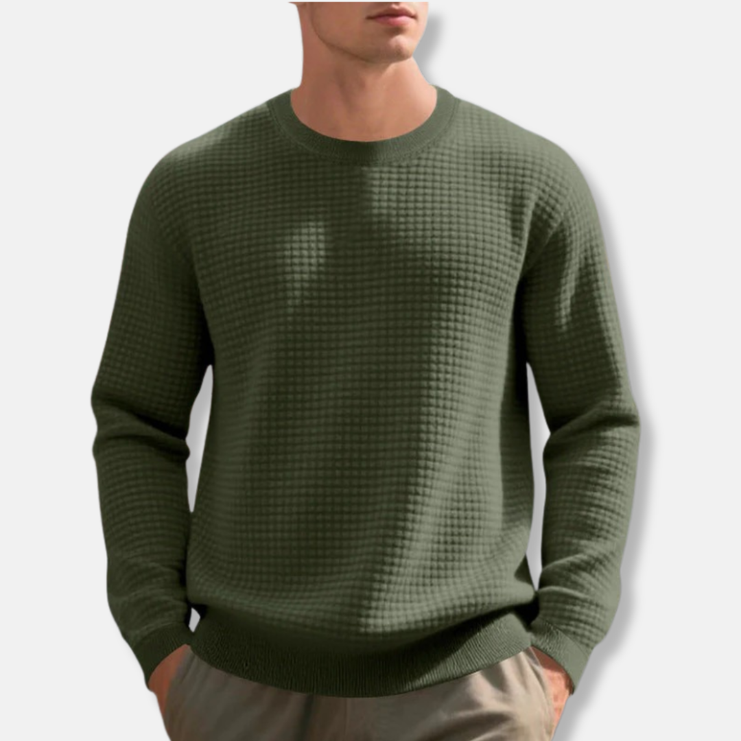 Men's gray waffle-knit cotton blend sweatshirt loose fit crew neck everyday casual comfort