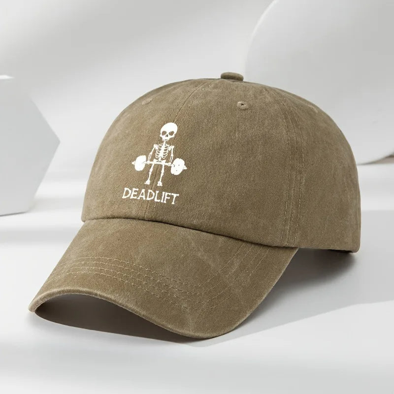 Washed cotton unisex gym cap with skeleton deadlift graphic and adjustable metal buckle strap
