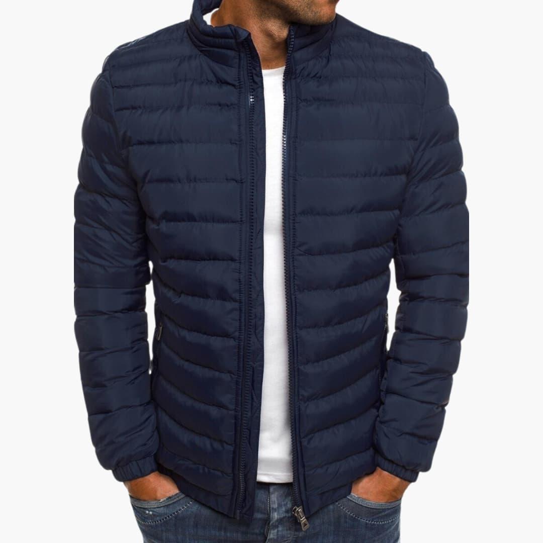 Men black quilted zip-up padded jacket straight cut insulated urban daily wear warmth