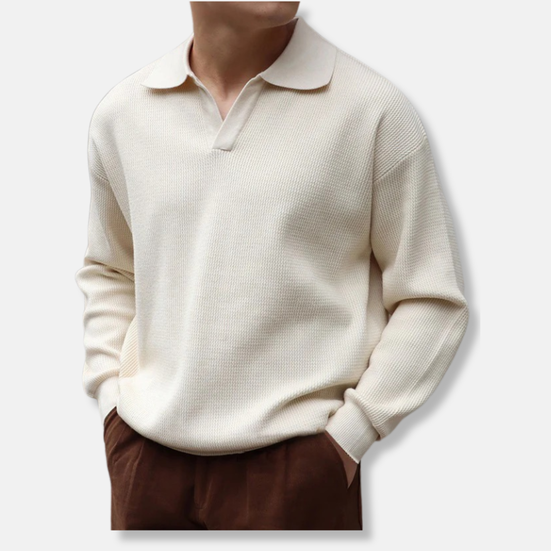 Men's knit pullover sweater polo collar V-neck relaxed fit soft cotton blend all-season style