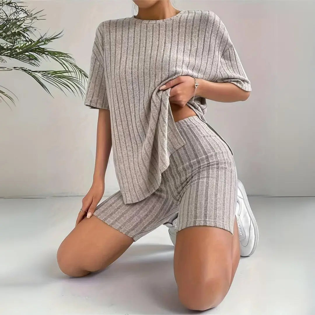 Women's ribbed two-piece lounge set, crew neck tee and cropped leggings with drop shoulders
