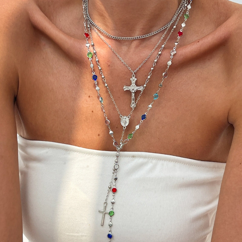 Lioré 4-piece layered cross necklace set crystal pendants delicate gold-tone chains fashion women