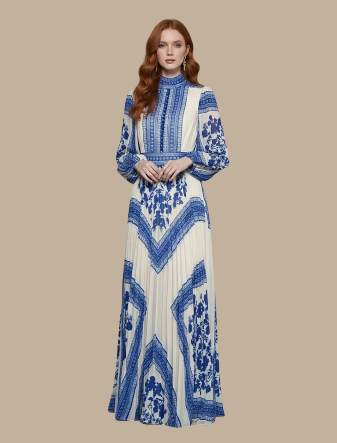 Pleated Maxi Evening Dress For Women High Neck Long Sleeve Formal Gown