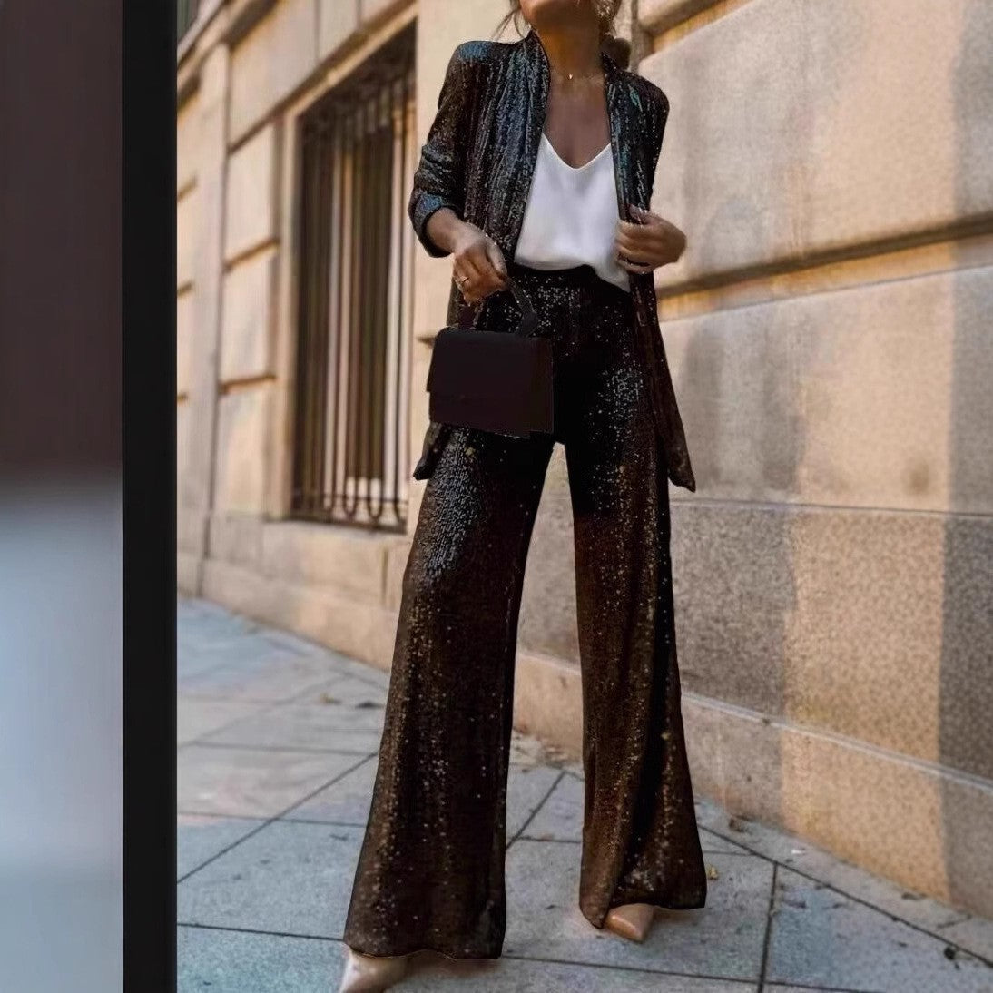Women's silver sequin blazer jacket and wide-leg trousers two-piece set, high-waist glam party look