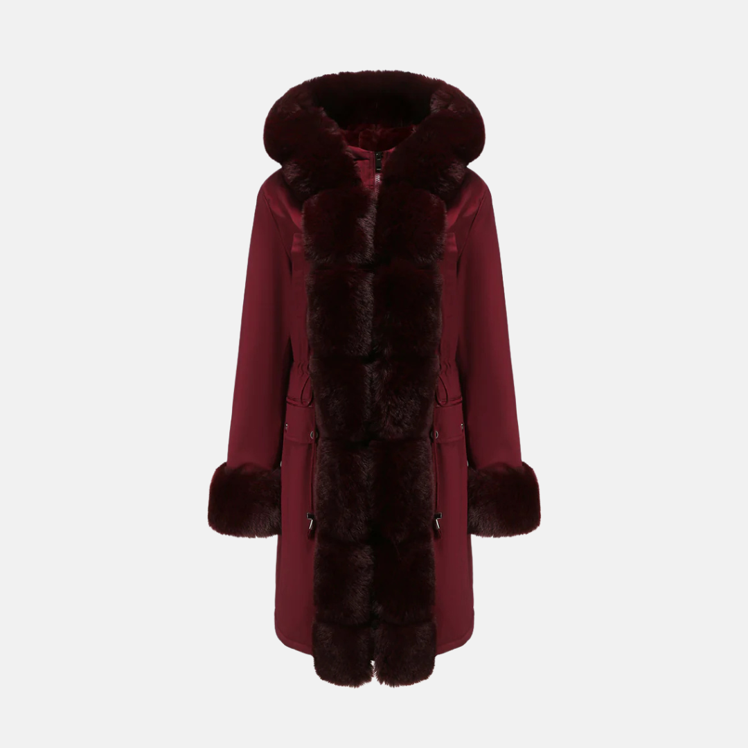 Women's full-length wool-blend coat with faux fur hood and cuffs, regular fit, zipper closure