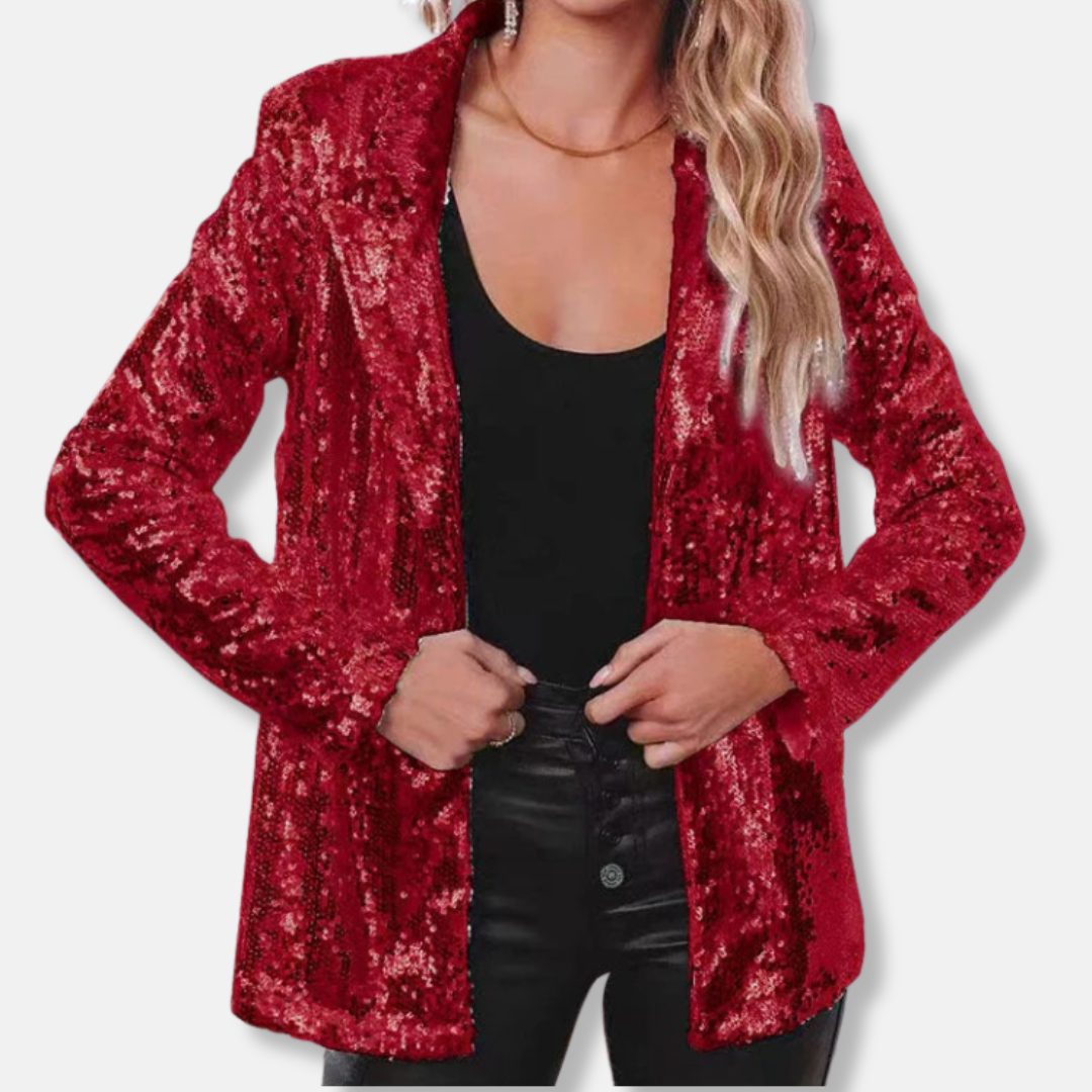 Women's relaxed hip-length sequin embellished collared blazer party jacket with long sleeves