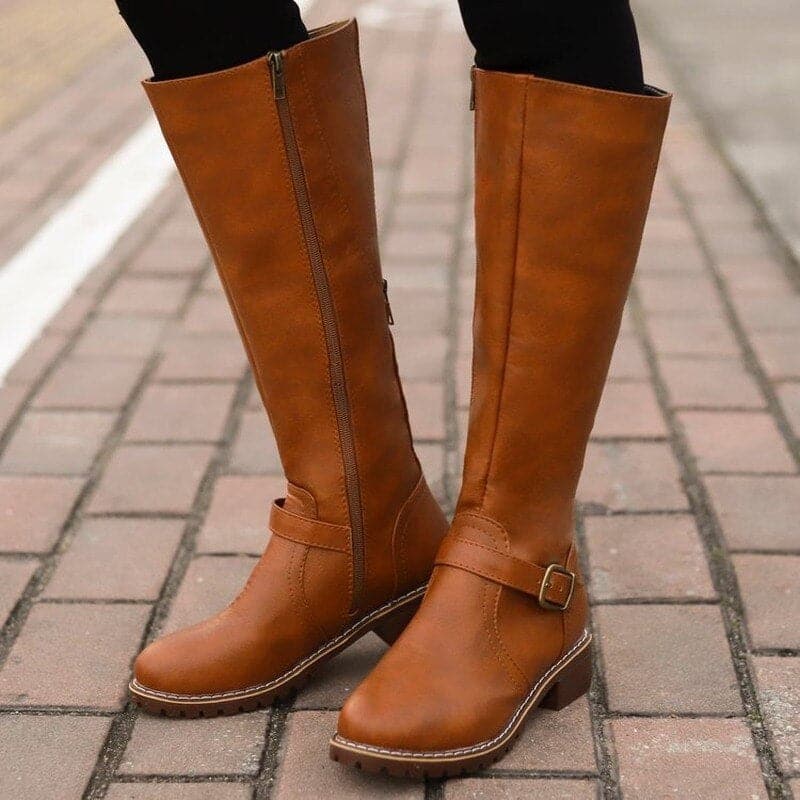 Women's black leather-look knee-high boots low heel side zipper buckle detail