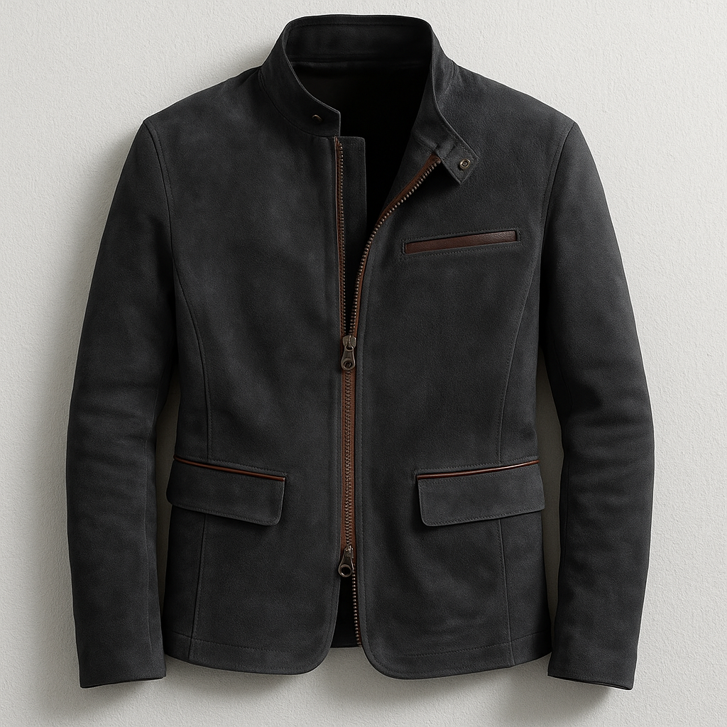 Men's structured zip jacket in classic tones with stand collar and full front zip for smart-casual wear
