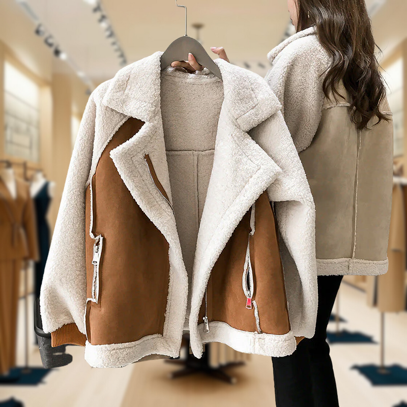 Unisex winter zip-up sherpa jacket warm plush lining structured panel design cold-weather layer