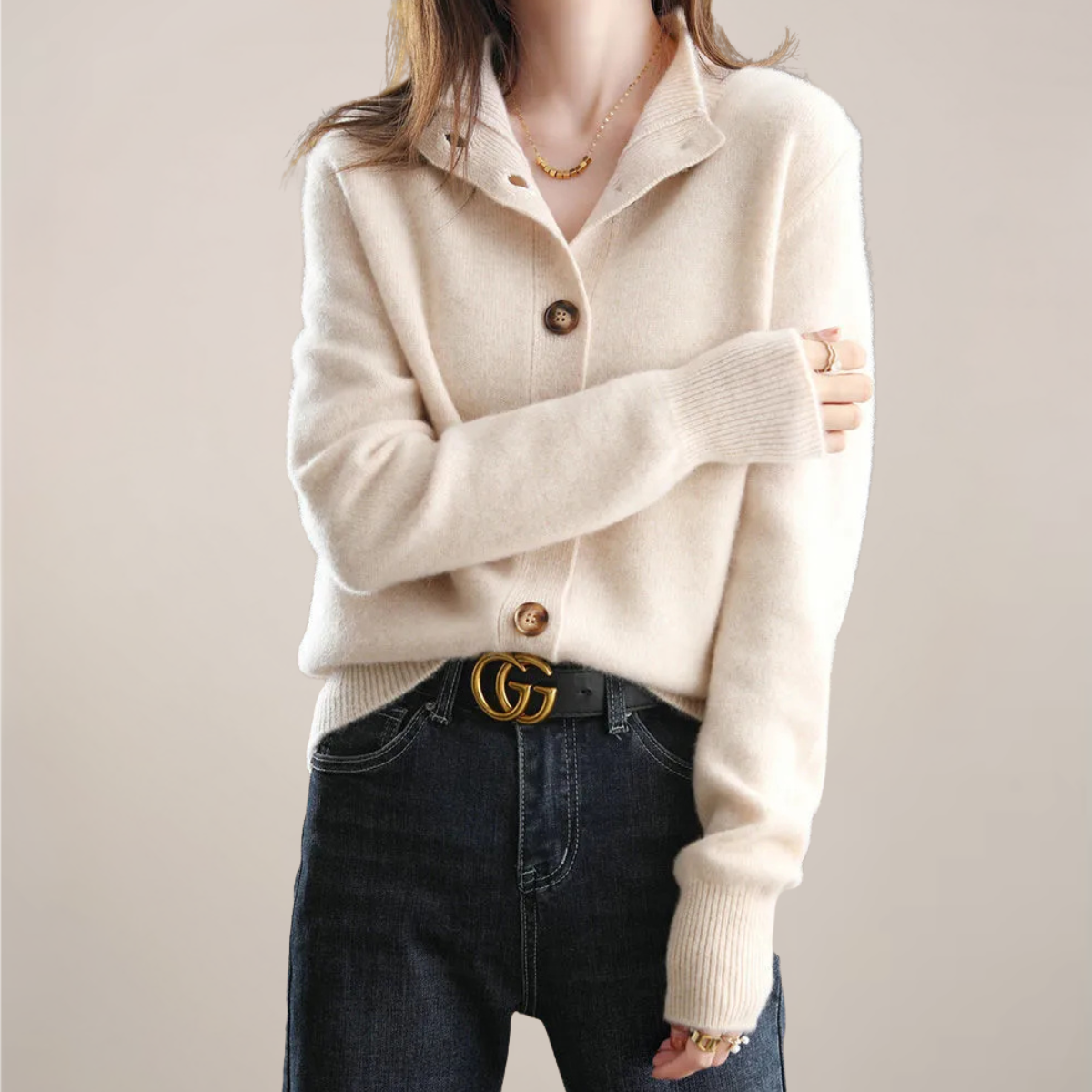 Women's cream cardigan sweater button-front soft collar regular fit cozy office layering piece