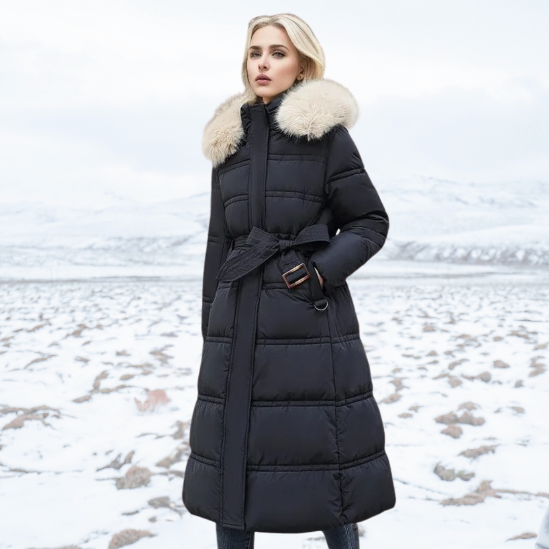 Women's black winter parka coat with detachable fur hood, weatherproof slim-fit silhouette