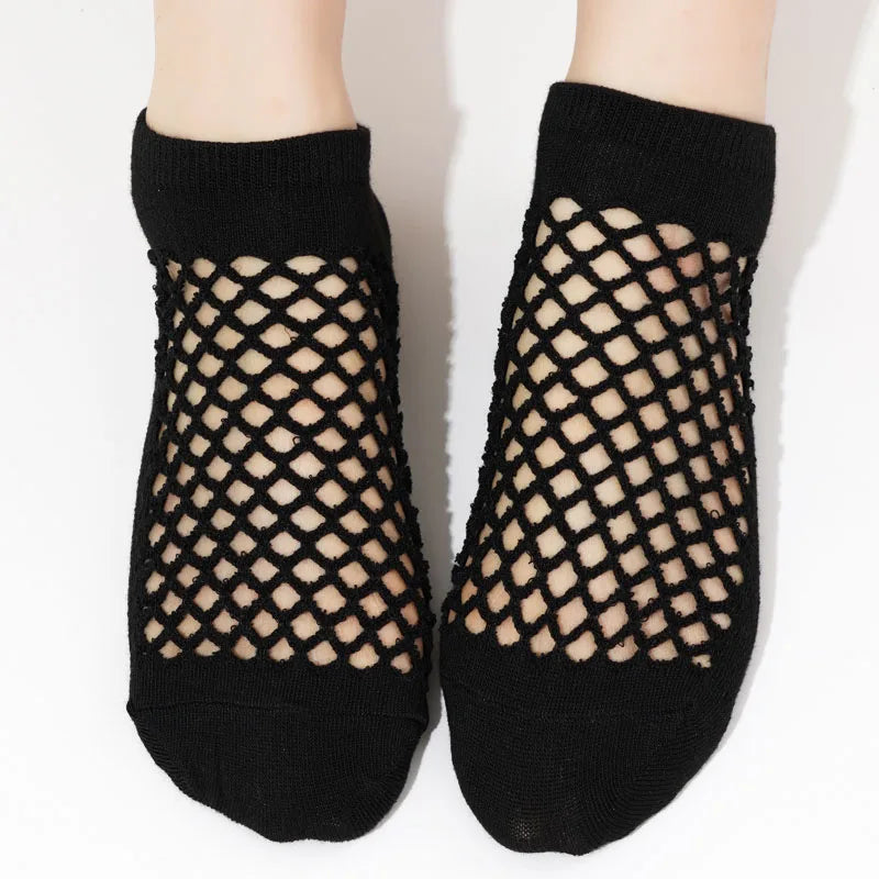 White cotton blend ankle socks set with breathable mesh panels and reinforced seamless toe no-show design