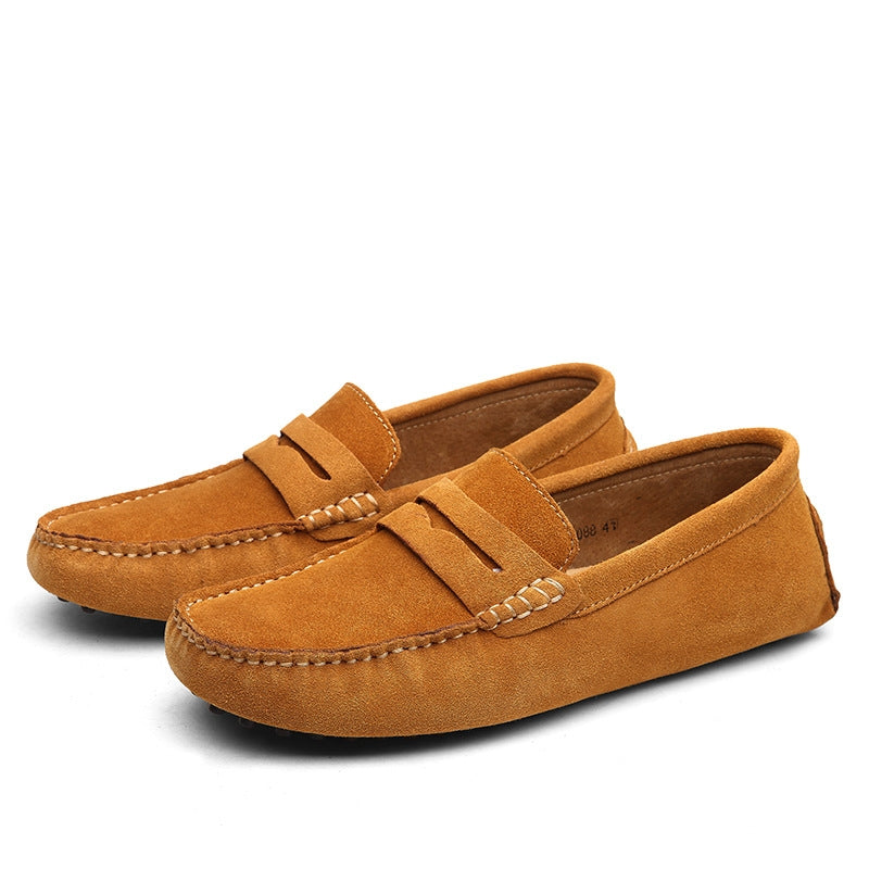 Men's brown suede loafers cushioned lining rubber grip outsole refined slip-on style