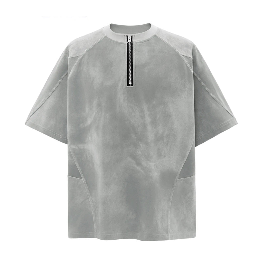Men's gray brushed cotton mockneck tee relaxed fit with zipper detail minimalist style
