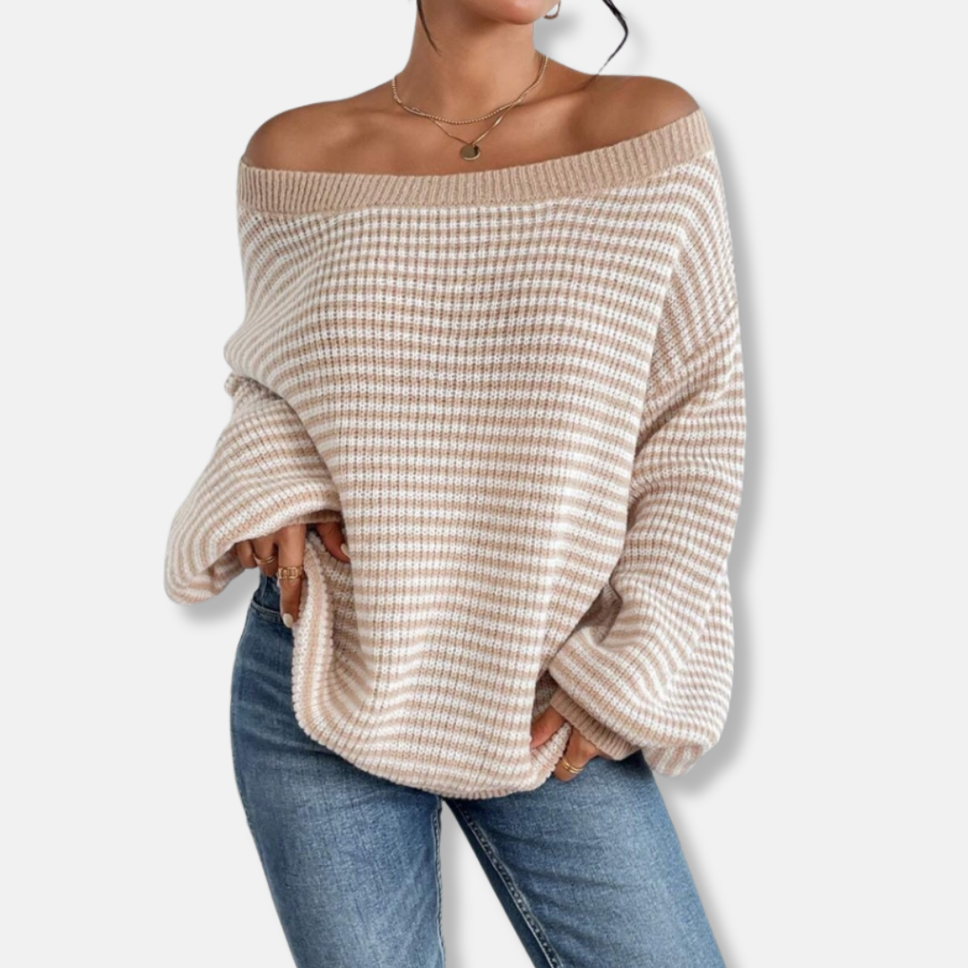 Women's chic knitted sweater boat neck lantern sleeves loose relaxed fit fall essential