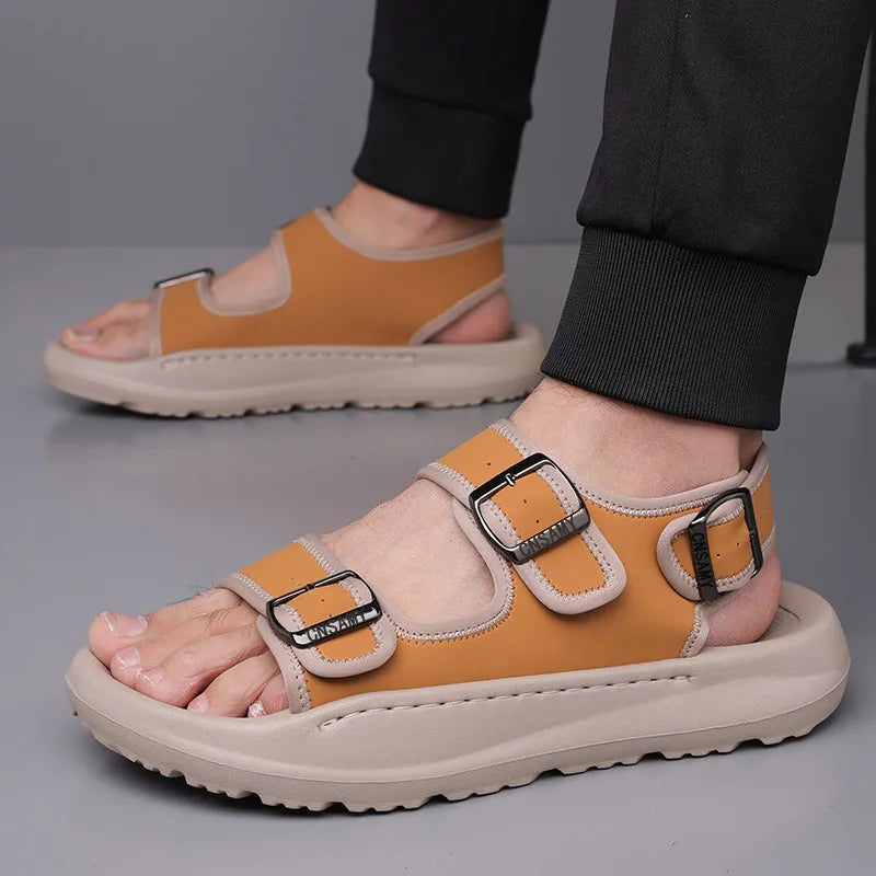 Men's brown triple-buckle sandal water-resistant synthetic leather ultra-light EVA sole casual style