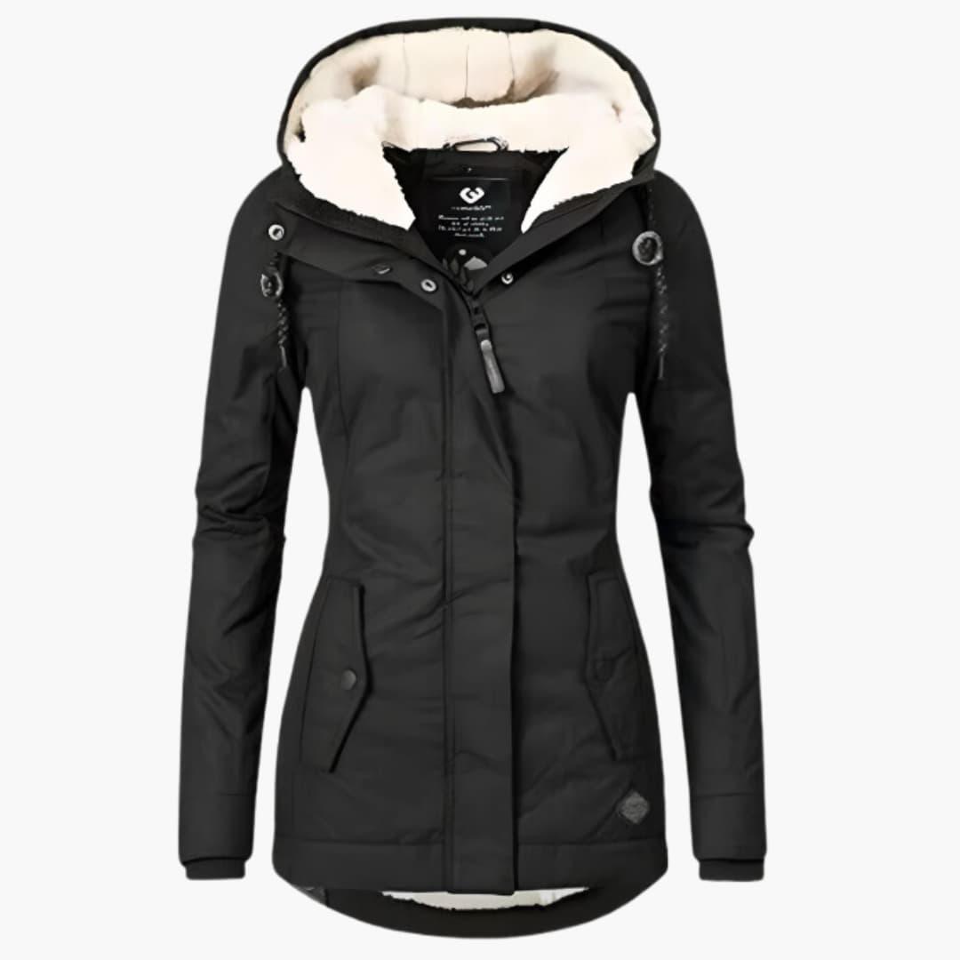 Women's winter coat with inner layer, high neckline, functional pockets, clean versatile silhouette