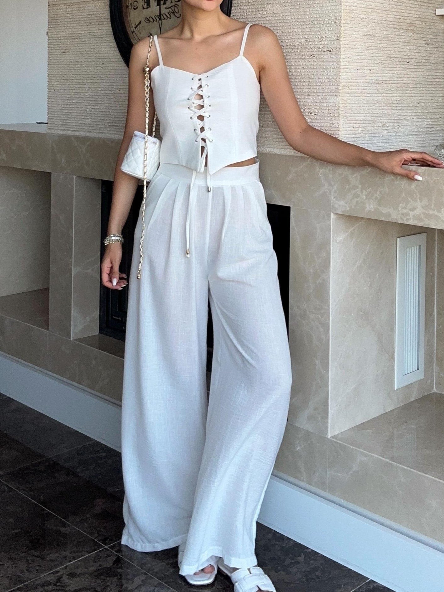 Women's linen blend tie-front camisole two-piece set, casual loose fit sleeveless breathable outfit