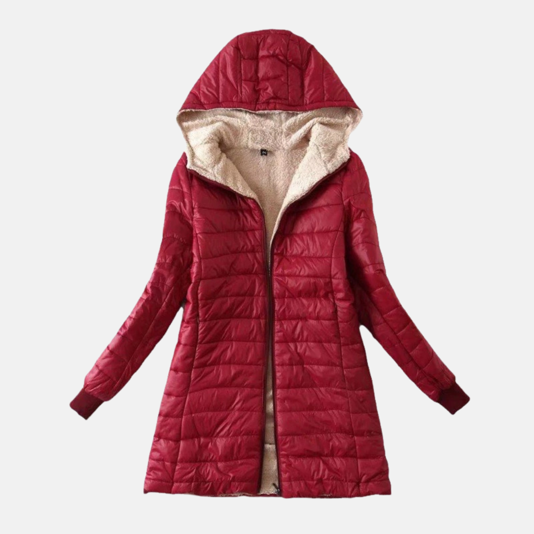 Women's mid-length hooded puffer coat quilted exterior plush lining regular fit winter outerwear